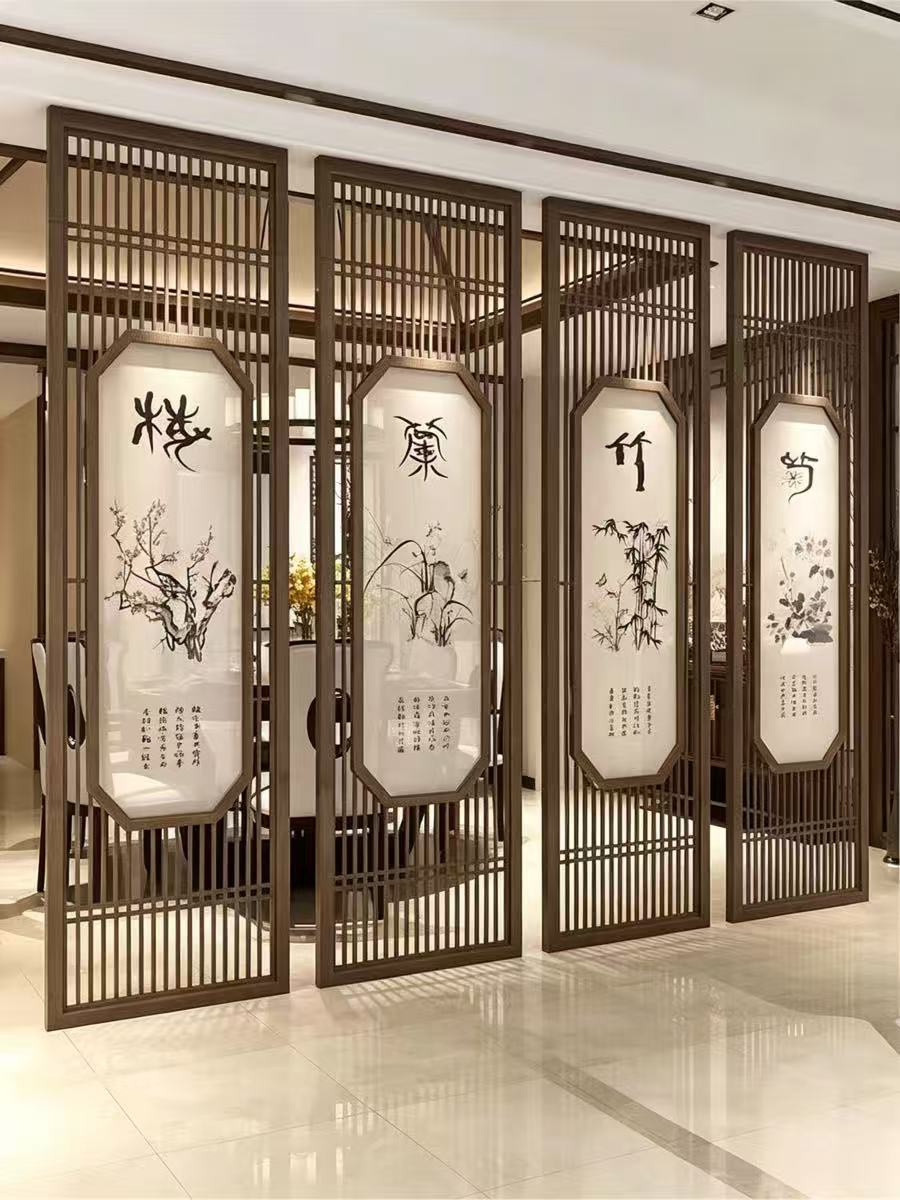 新中式古典金屬屏風客廳玄關不銹鋼格柵仿古銅梅蘭竹菊藝術花鳥書法隔斷裝飾屏風