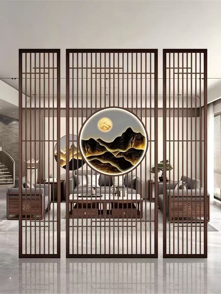 新中式古典金屬屏風客廳玄關不銹鋼格柵仿古銅雷射立體圓形山明月朗發光裝飾屏風