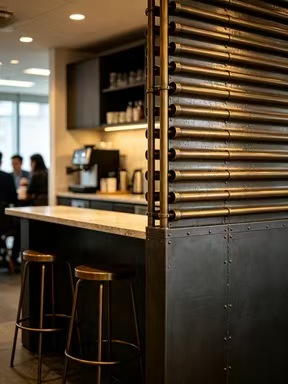 不銹鋼復古黃銅工業風橫向圓管格柵連鉚釘黑鐵飾面吧台隔斷工程定造