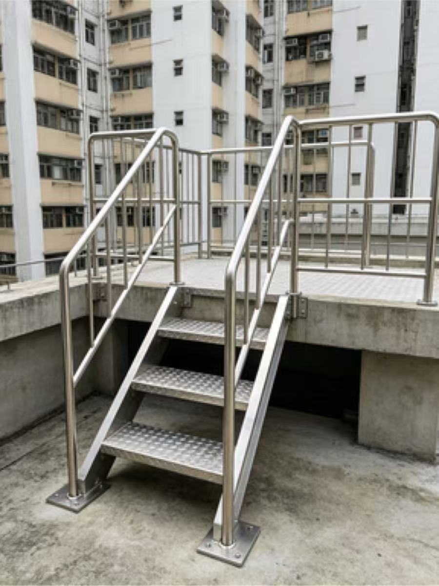 不鏽鋼檢修平台步梯天台跨線橋帶扶手安全護欄防滑花紋踏步過橋梯工廠直銷