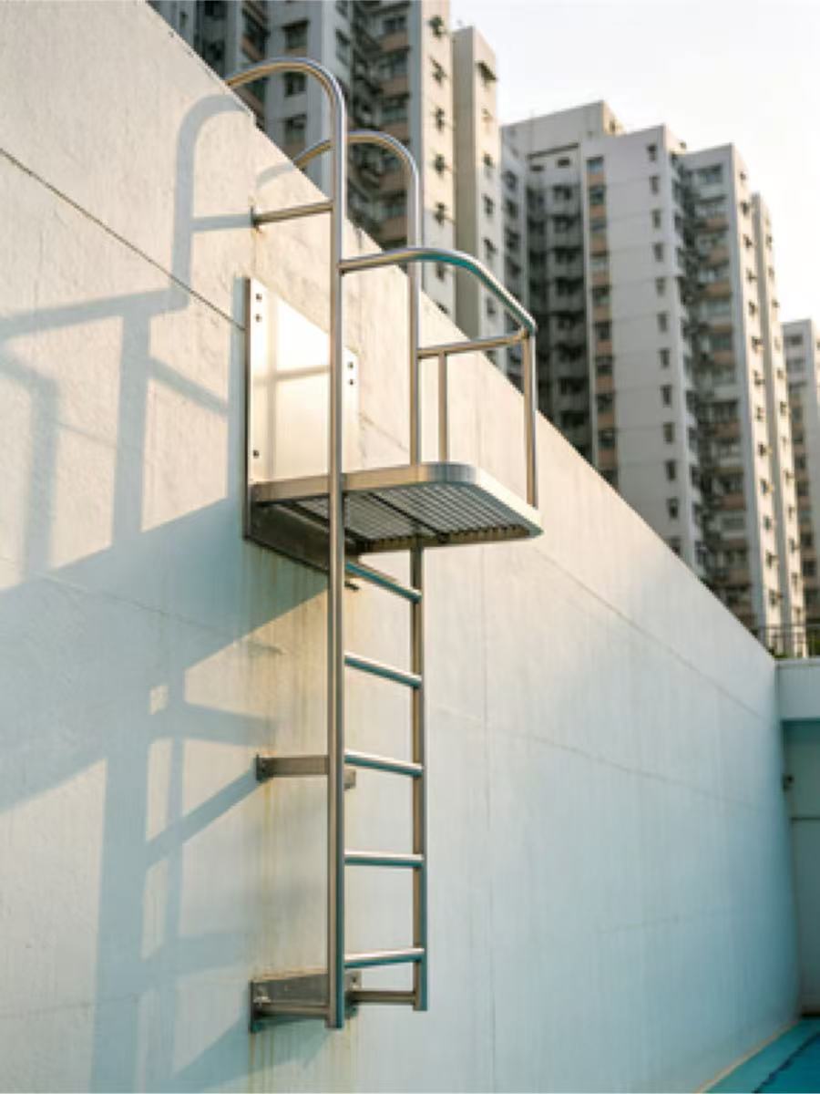 不鏽鋼天台檢修平台爬梯外牆懸空直梯帶安全護欄垂直貓梯工廠直銷